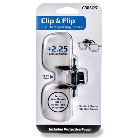 Carson loepbril 1,5x (+2,25 dioptrie) clip-on en flip-up