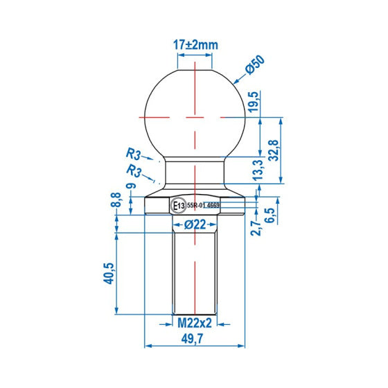 Trekhaakkogel recht Ø50mm M22 zilver