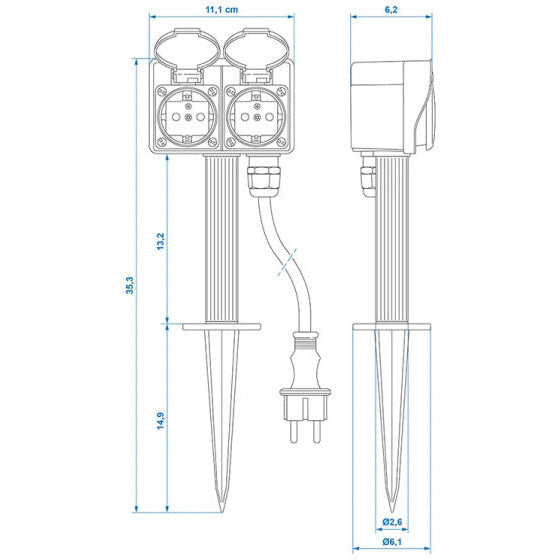 tuincontactdoos Schuko 2-voudig 2 meter 3x2,5mm² zwart