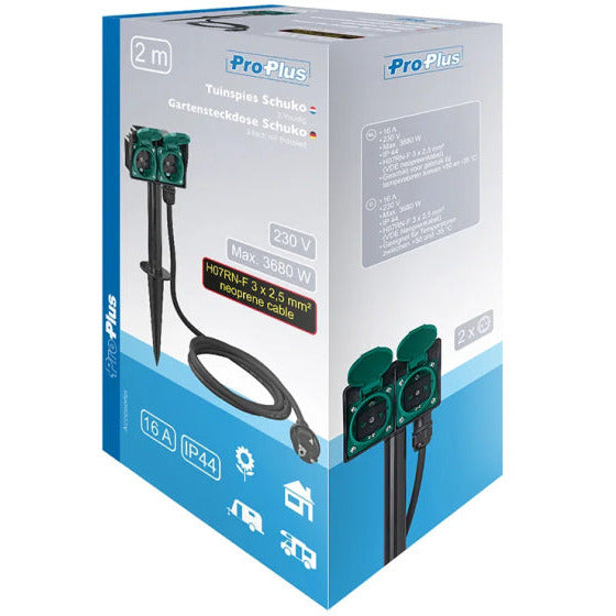 tuincontactdoos Schuko 2-voudig 2 meter 3x2,5mm² zwart
