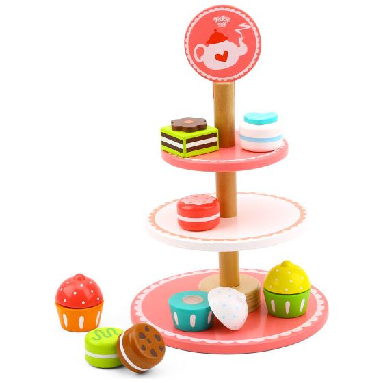 Houten Etagère met Gebakjes Roze Wit 12-delig