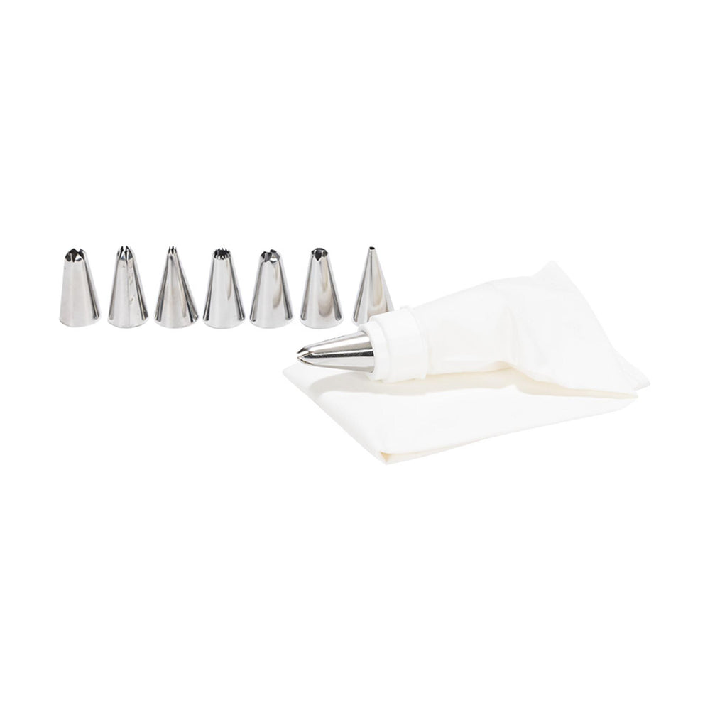 Patisse decoreerset 9 delig- 1 katoenen spuitzak met een afmeting van 33 cm en 8 stuks rvs spuitmondjes.<br>