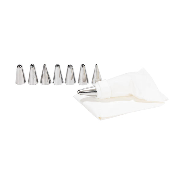 Patisse decoreerset 9 delig- 1 katoenen spuitzak met een afmeting van 33 cm en 8 stuks rvs spuitmondjes.<br>