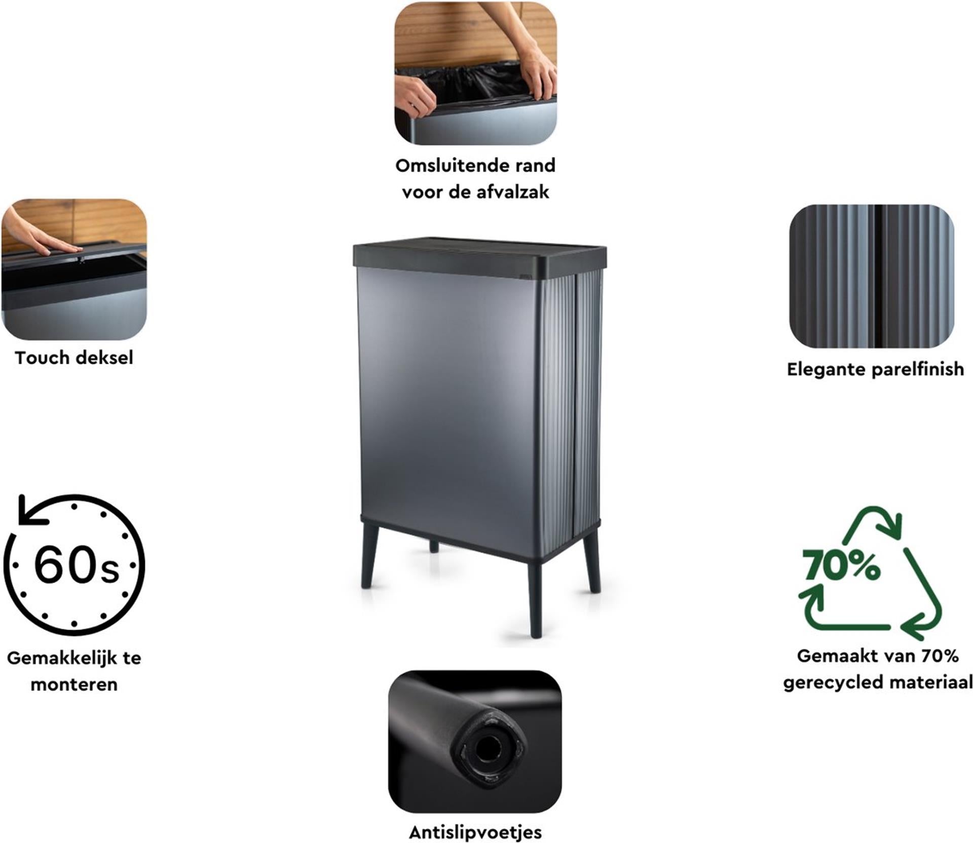 Curver verto hoge prullenbak 54l push parelgrijs