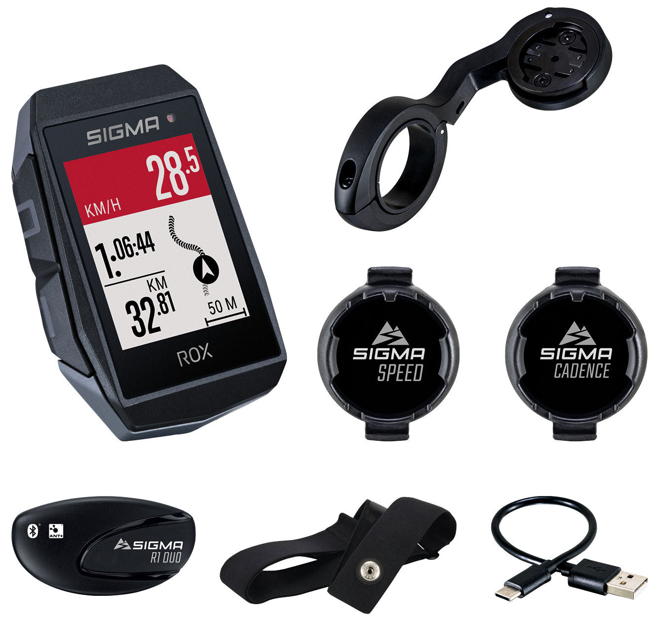 Sigma rox 11.1 evo gps hr + cad snelh set + sb gps+ant+ble riem+usb-c