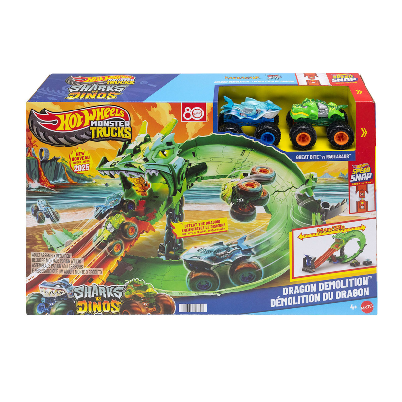 Hot wheels monstertrucks - haaien vs. dino's draak vernietiging speelset en 2 speelgoedtrucks