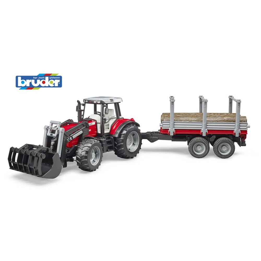 Bruder massey ferguson tractor met voorlader en houttransport trailer