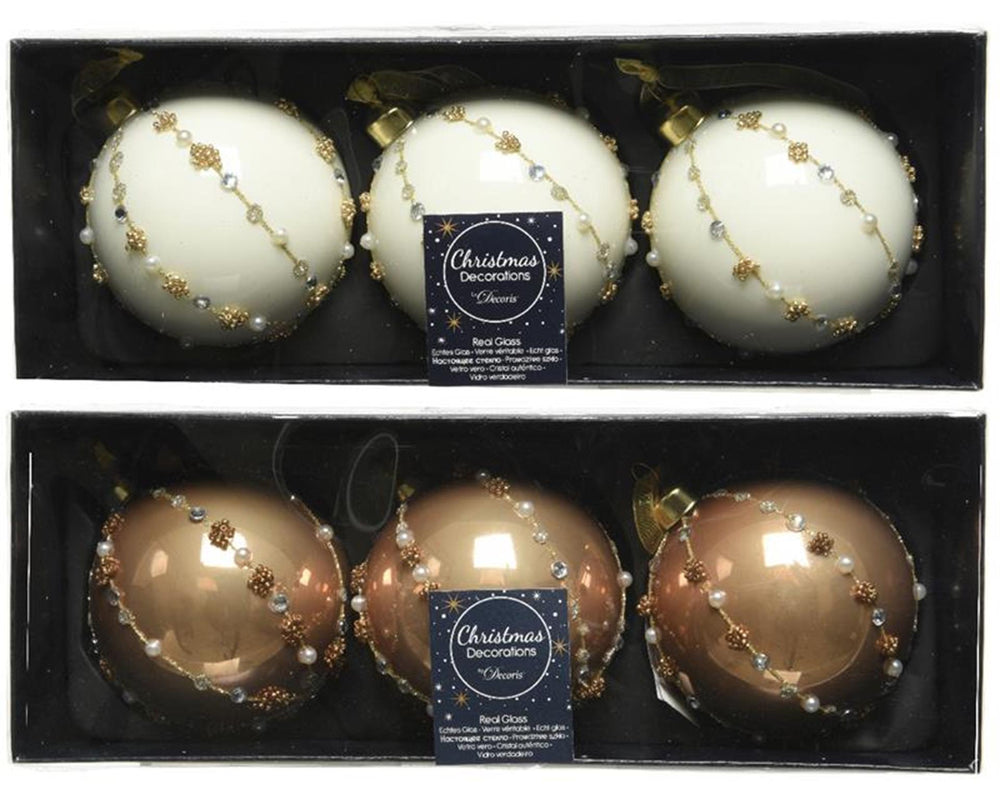 Decoris gedecoreerde kerstballenset van glas set a 3 ballen dia 8cm in kleuren wol wit of camel brown