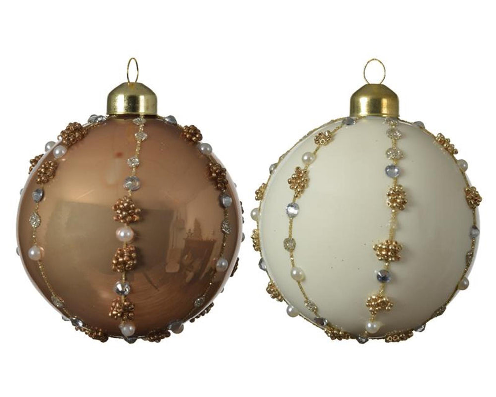Decoris gedecoreerde kerstballenset van glas set a 3 ballen dia 8cm in kleuren wol wit of camel brown