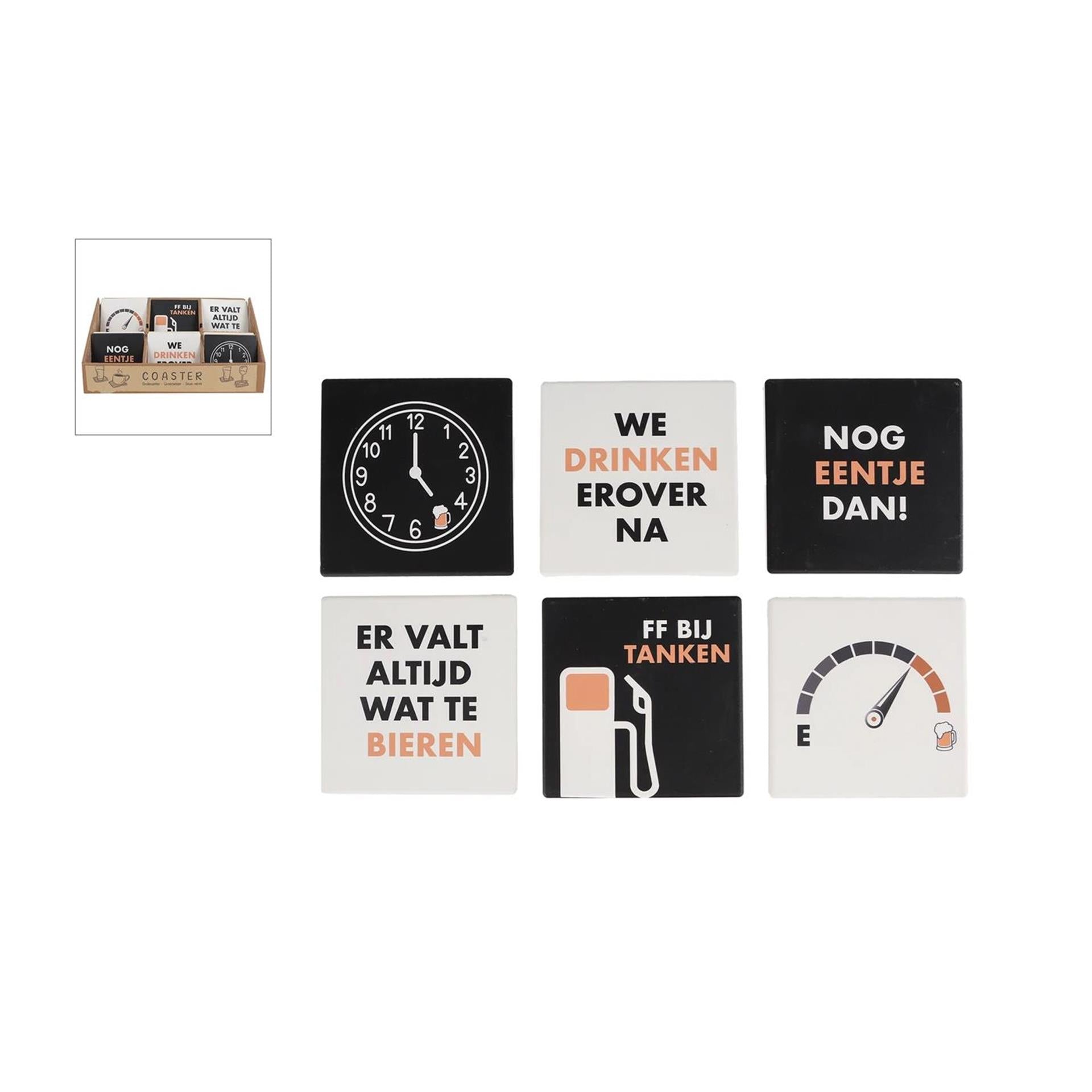 Onderzetter bier m tekst zwart wit aardew 10x10x0,7cm