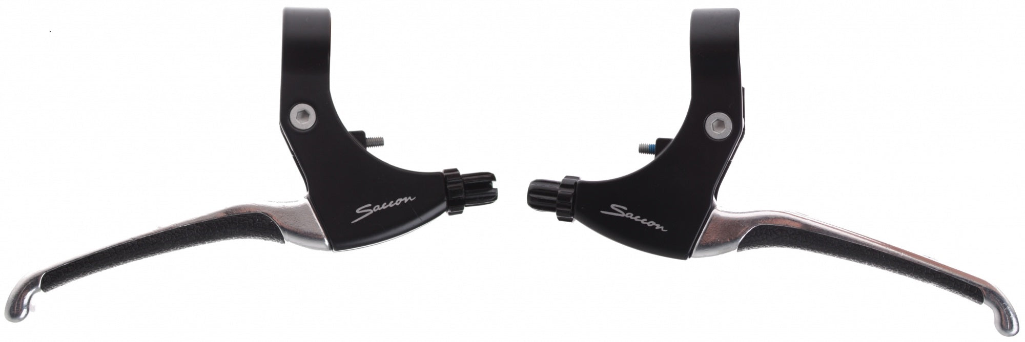 Jeu de leviers de frein Saccon, aluminium noir argent. Incrustation de caoutchouc dans la poignée.