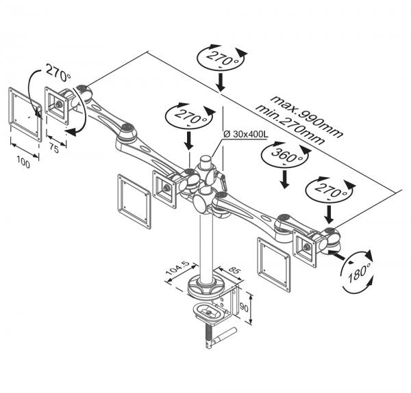 Neomounts fpma-d930d dual lcd led tft bureausteun, 2x 10-30, 15 kg, 0-50 cm, 75x75, 100x