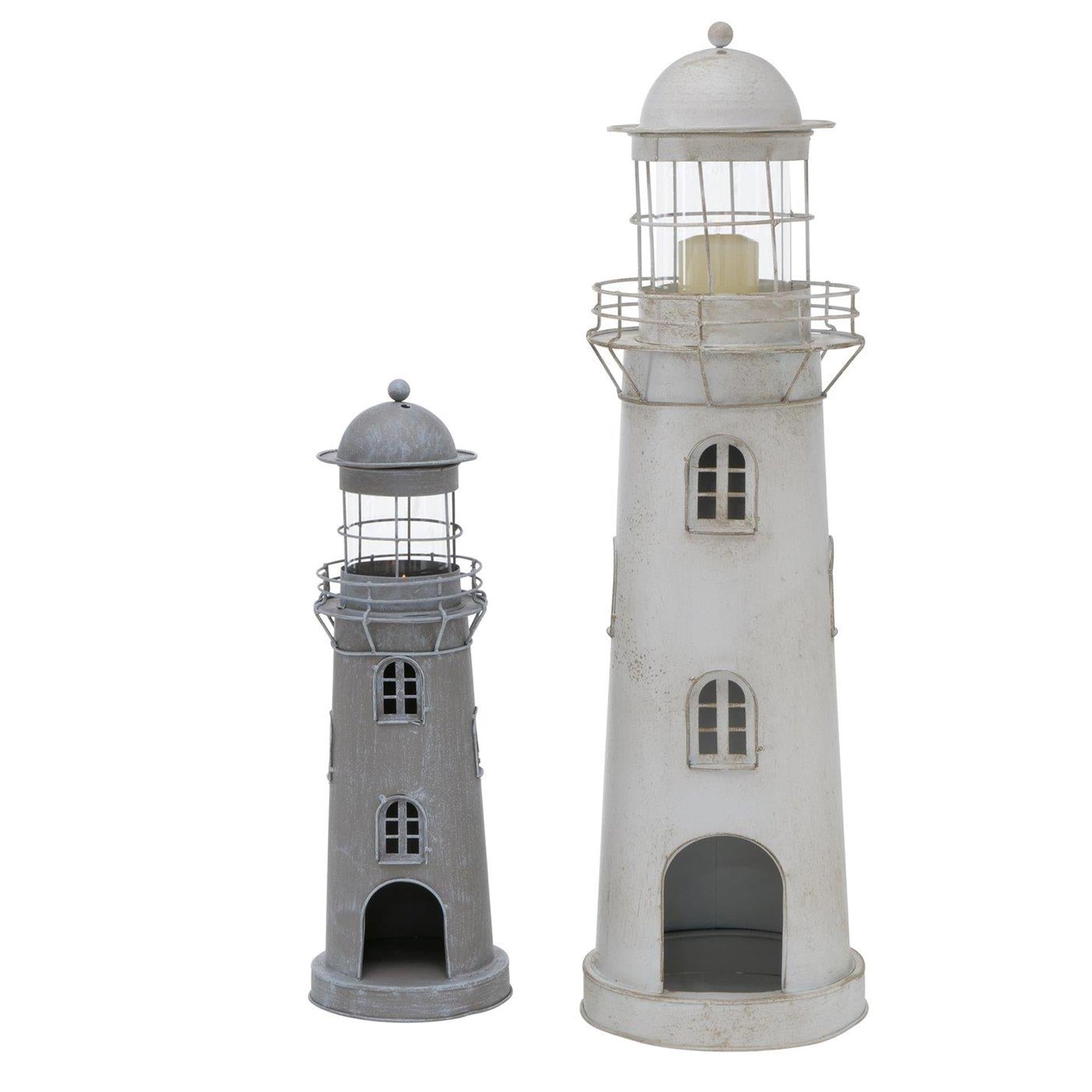 Boltze home lantaarn vuurtoren grijs-wit glas metaal set 2-delig h54-75cm