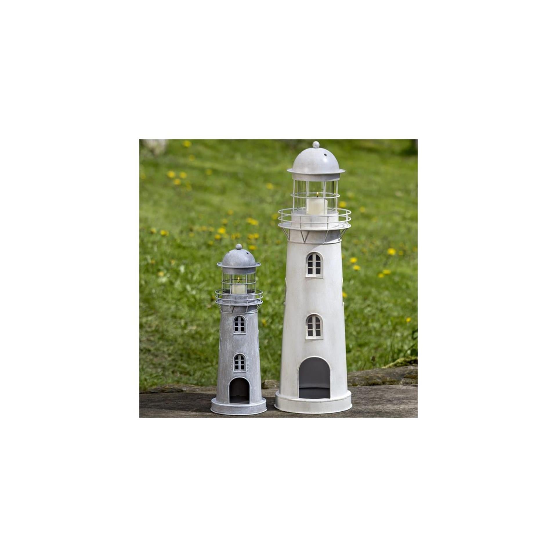 Boltze home lantaarn vuurtoren grijs-wit glas metaal set 2-delig h54-75cm