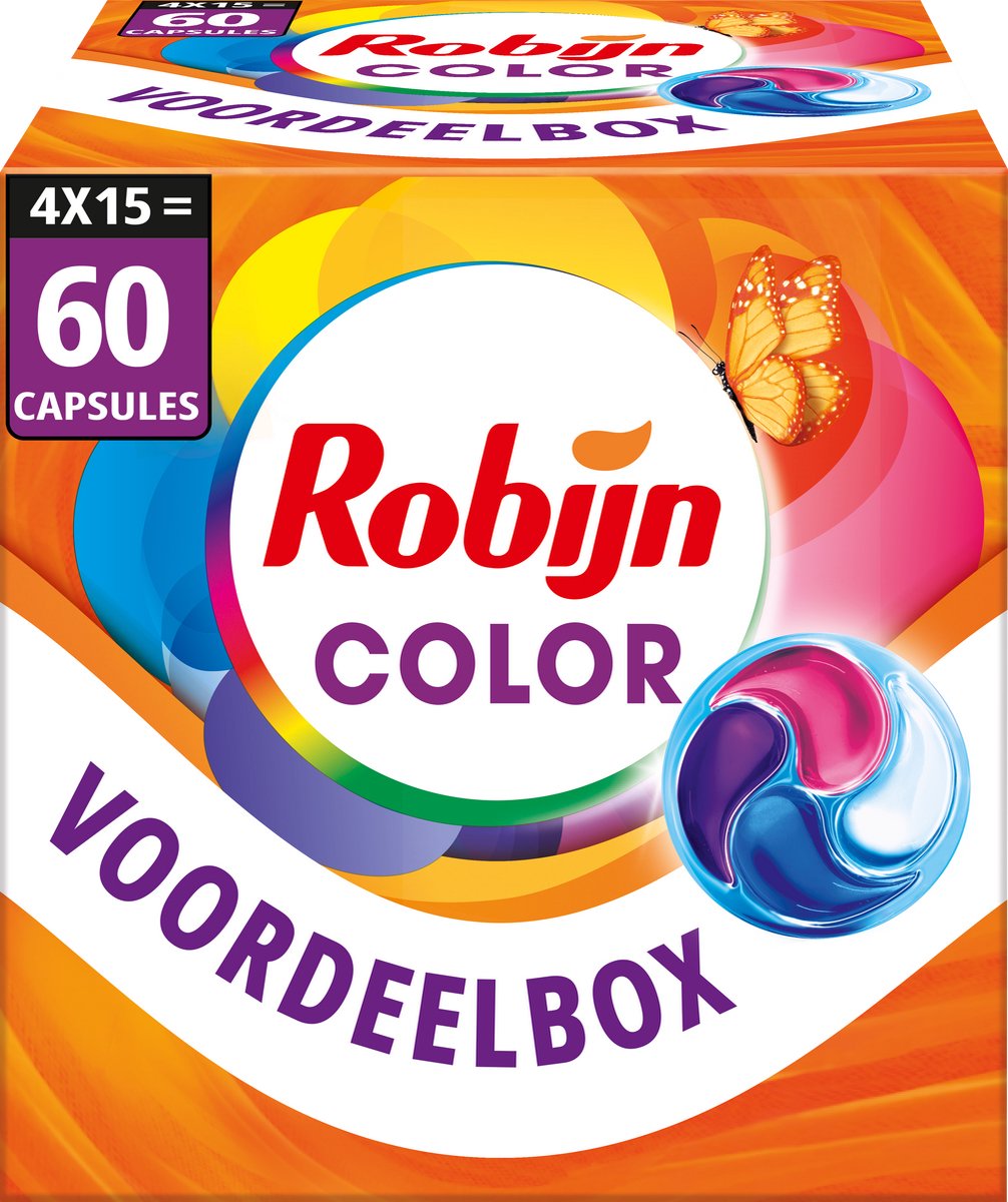 Robijn wasmiddel - 4-in-1 wascapsules - color - 4 x 15 stuks - 60 wasbeurten - voordeelverpakking
