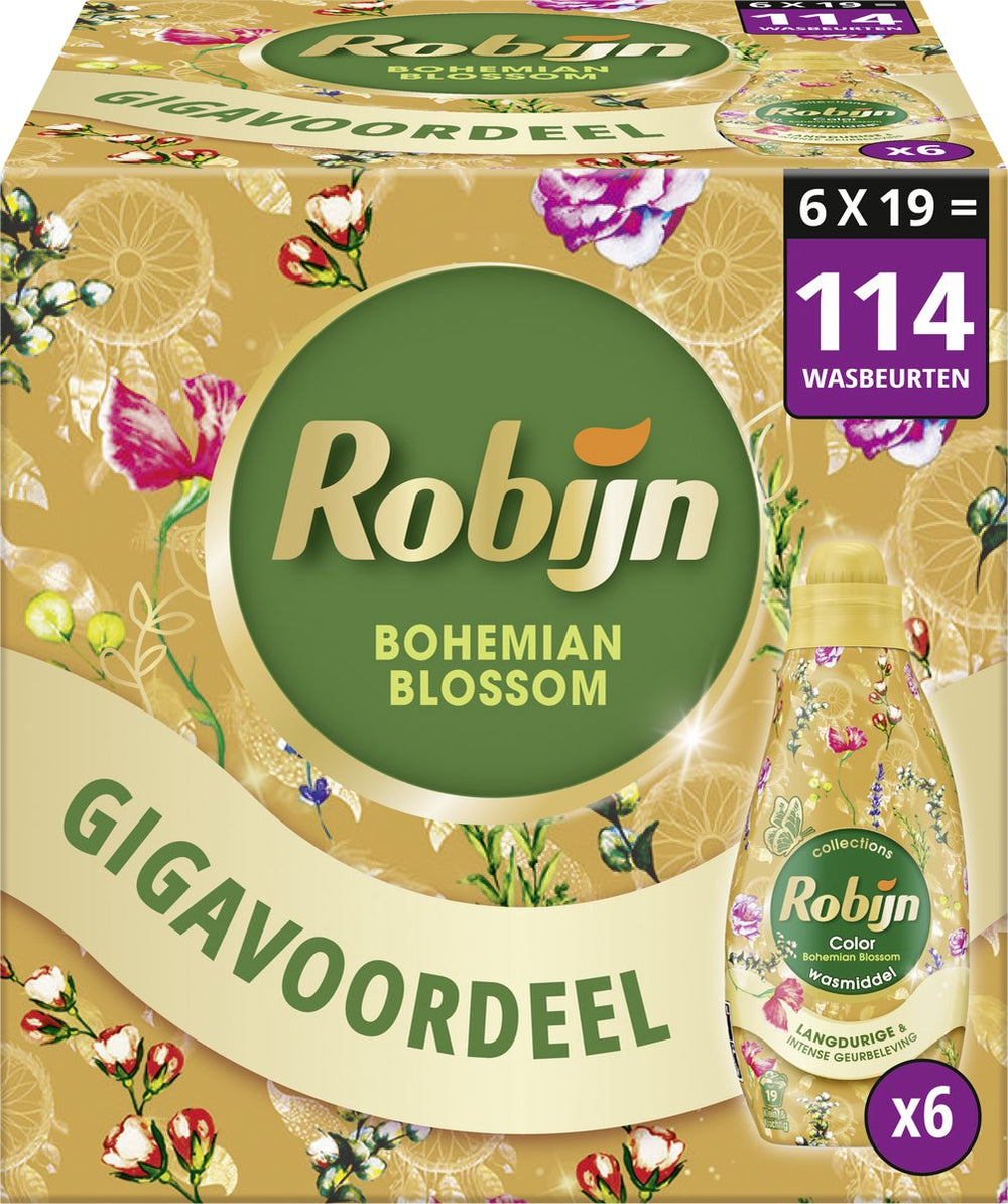 Robijn - vloeibaar wasmiddel - klein krachtig - color bohemian blossom - 6 flessen x 114 wasbeurten - voordeelverpakking