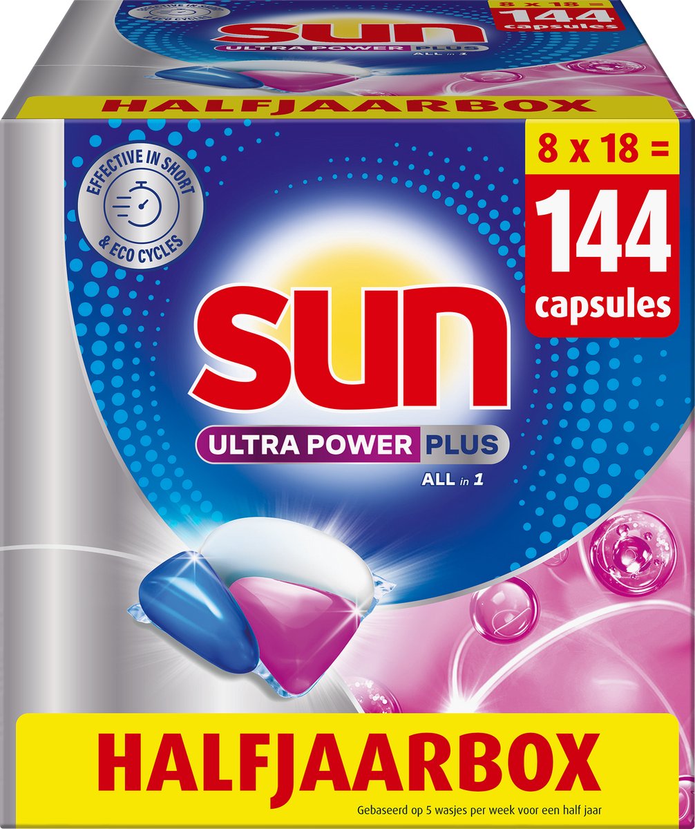 Sun - vaatwastabletten - ultra power plus - all-in 1 - 144 capsules - voordeelverpakking