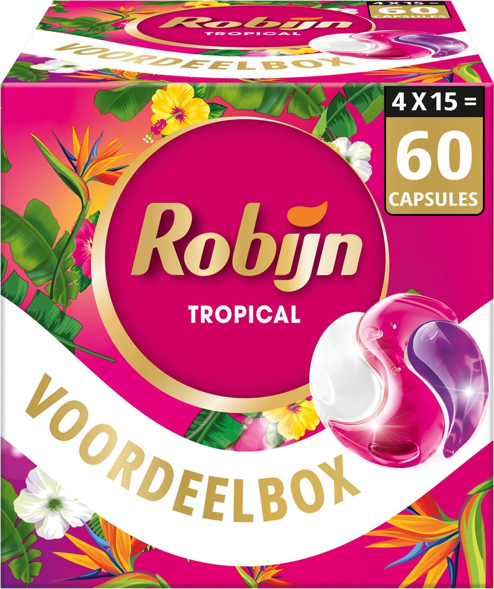 Robijn wasmiddel - 3-in-1 wascapsules - color tropical - wasmiddel - 4 x 15 stuks - 60 wasbeurten