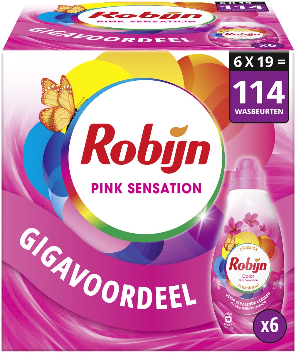 Robijn - vloeibaar wasmiddel - klein krachtig - pink sensation - 6 flessen - 114 wasbeurten