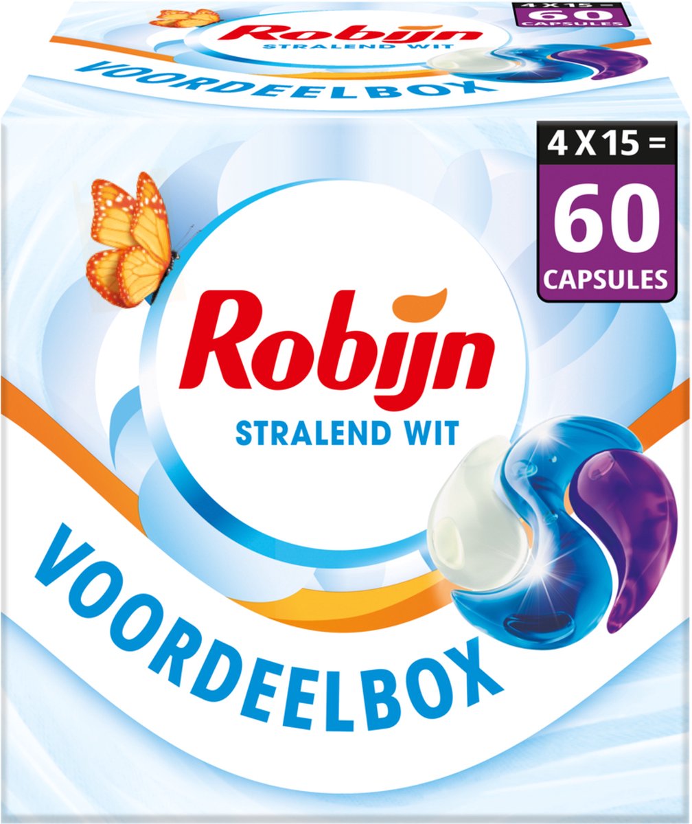 Robijn - wasmiddel - 3-in-1 wascapsules - stralend wit - 4 x 15 stuks - 60 wasbeurten - voordeelverpakking