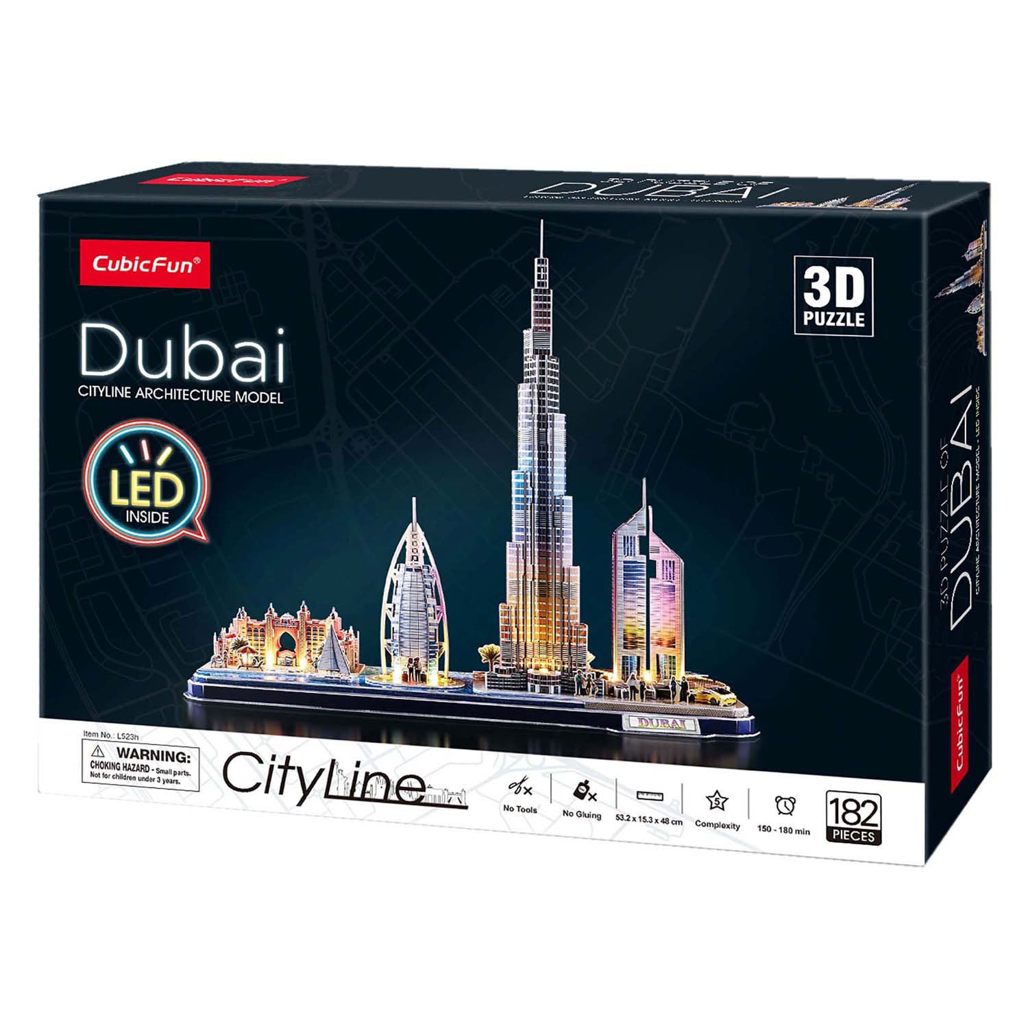Kubieke leuke 3D-puzzel city line dubai met led-verlichting