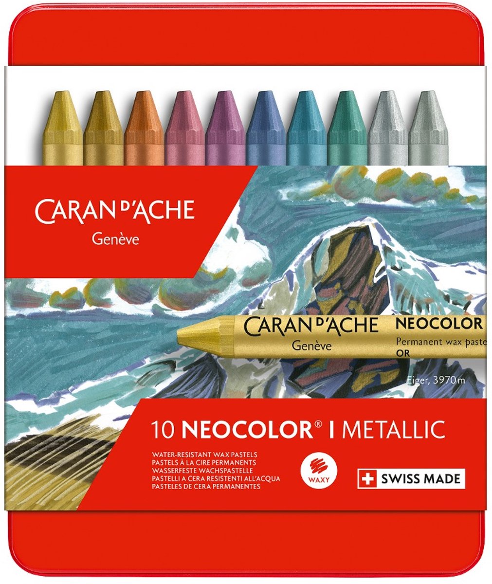 Caran d'ache neocolor i - metallic waspastels in metalen doos - 10 kleuren