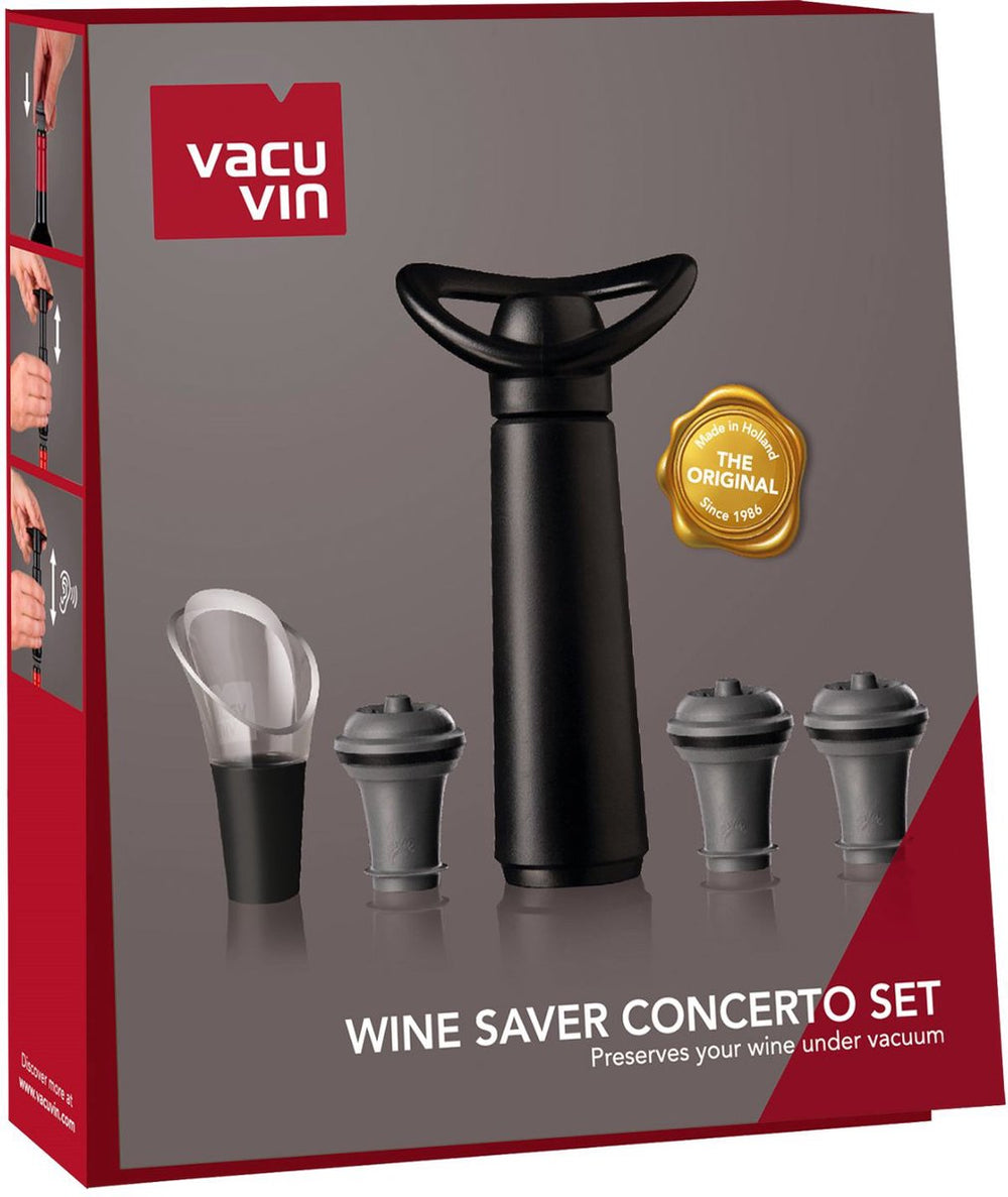 Vacuvin vacu vin wine saver concerto zwart | vacuüm wijnpomp | 3 vacuum wine stoppers, 1 crystal server