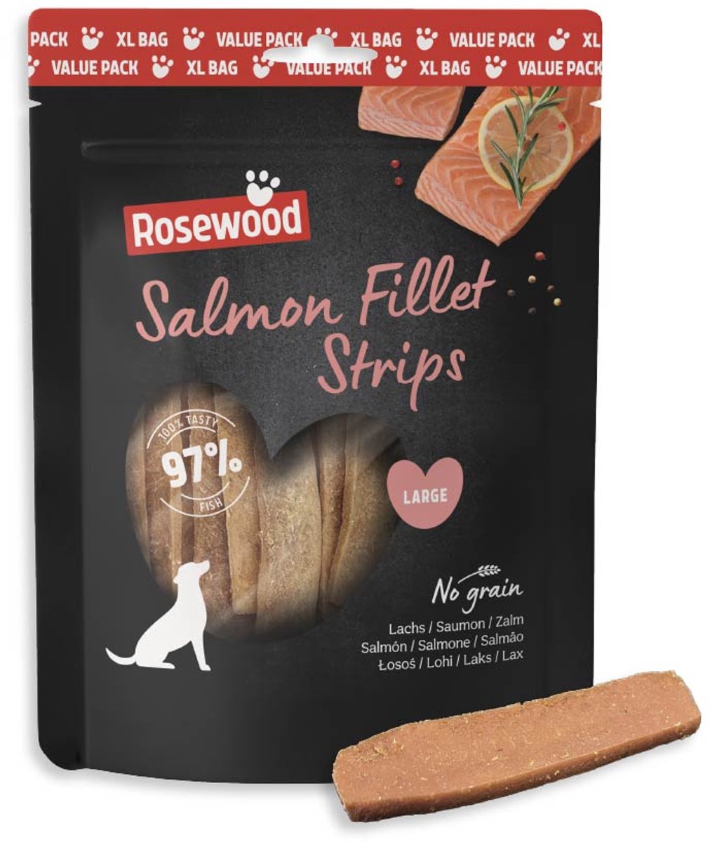 Rosewood salmon fillet strips large hondensnack zalm 400 g - 97% zalm - graanvrij - zalmsnack