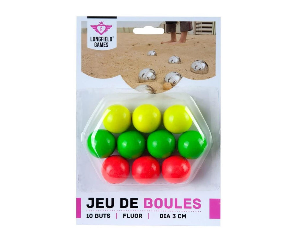 Longfield houten buts jeu de boules – set van 10 stuks – fluor kleuren – pétanque doelballen – ø 30 mm – boules accessoires – engelhart