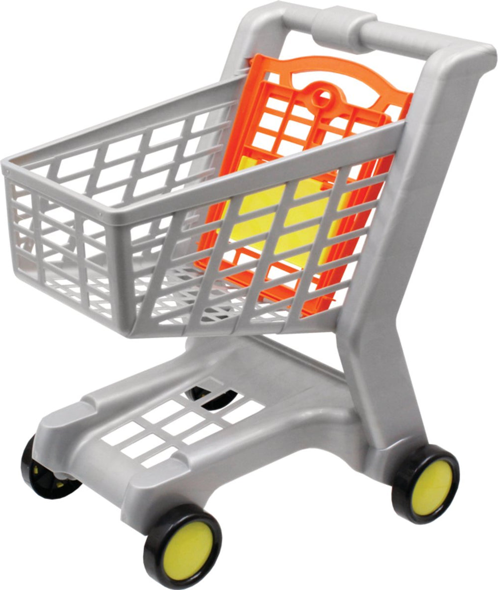 Klein toys boodschappenwagentje - 42x35x47 cm - klapstoeltje voor poppen tot 50 cm - incl. lichtlopende wielen - grijs oranje geel