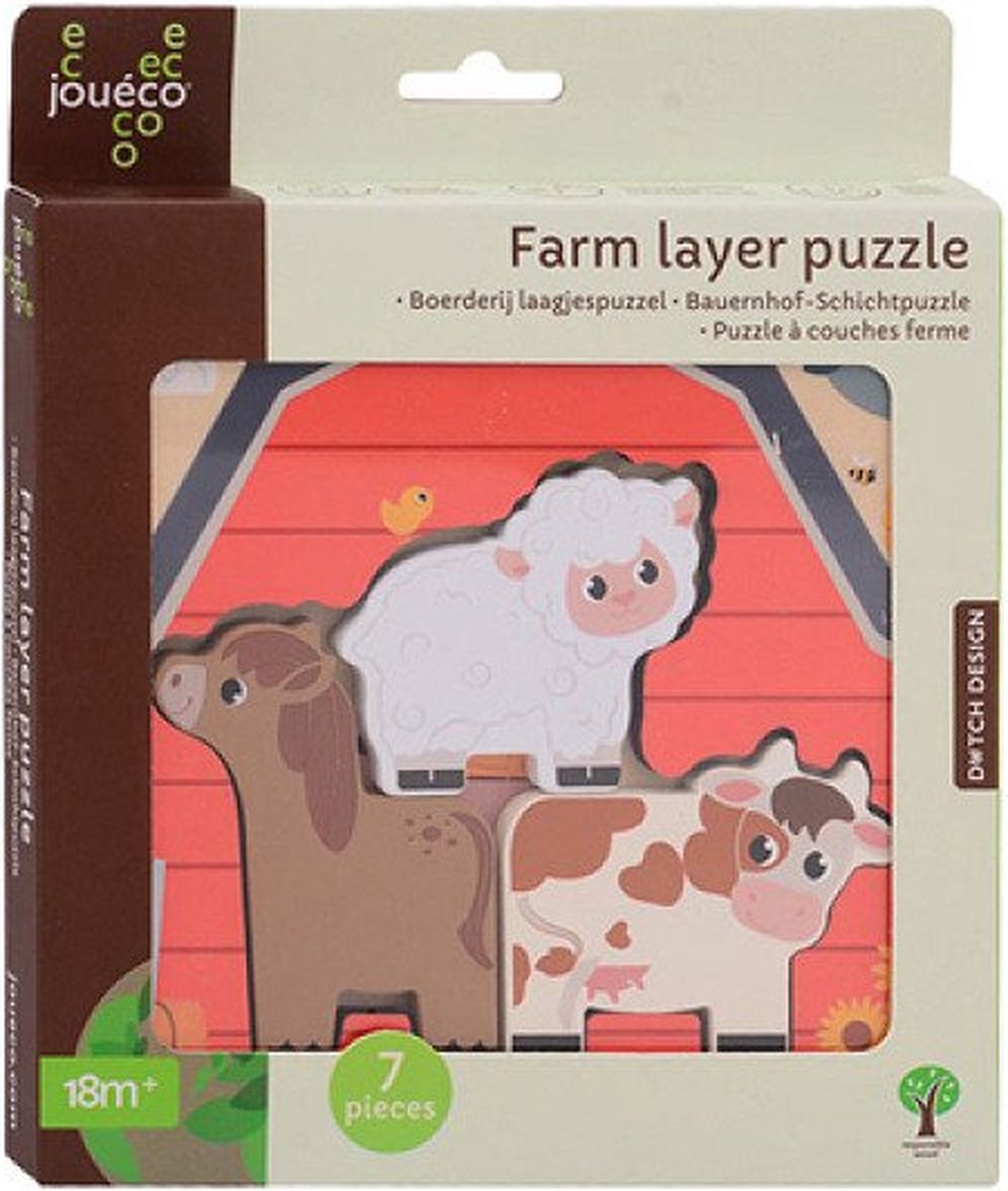 Jouéco houten boerderij puzzel met lagen educatief speelgoed.