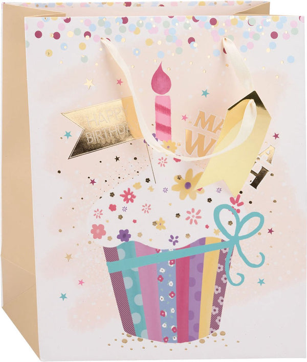Merkloos sans marque no brand cadeautasje verjaardag - papieren gift bag met stevige lintgreep - 4 verschillende vrolijke verjaardagsprints voor cadeaus - afmeting 32 x 26 x 12 cm - kleur meerkleurig