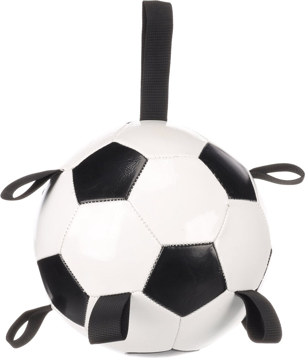 Flamingo hondenspeelgoed – drijvende voetbal hond – interactief waterspeelgoed met handvatten – towa voetbal wit zwart – ø 19 cm