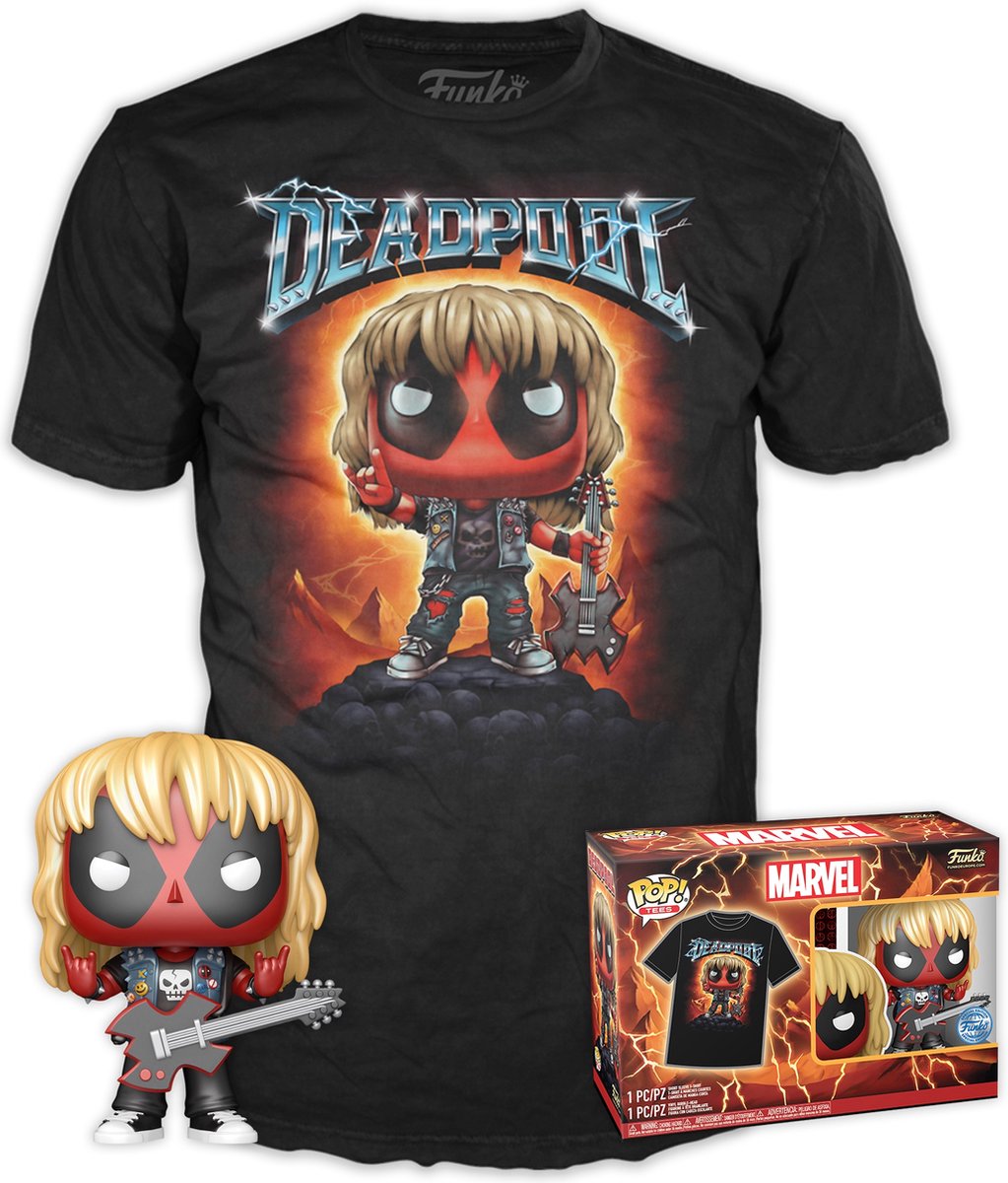 Funko pop! tee box marvel: deadpool (heavy metal) guitar metallic special edition exclusive - maat s