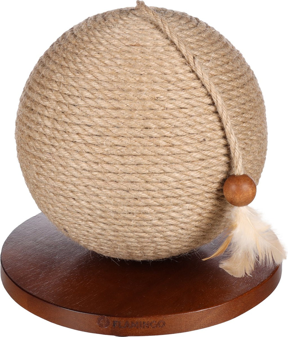 Flamingo kattenspeelgoed - kattenspeelbal krabbal estrella bruin ø 24,5 cm – interactieve speelbal met jute krabtouw en veer – krabspeelgoed kat compact stijlvol