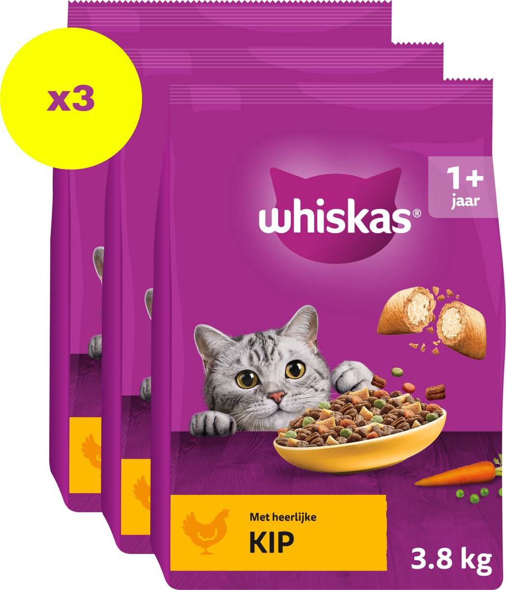 Whiskas kattenbrokken - adult 1+ - kip - zak 3x3.8kg