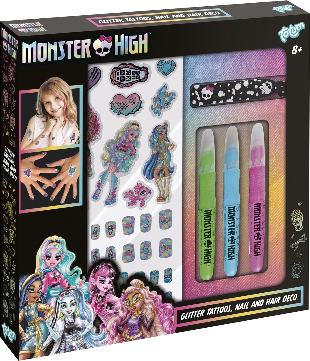 Totum monster high nageldeco haar en glitter tattoo set kids beauty fashion set - speelgoed meisjes verkleden en rollenspel knutselset