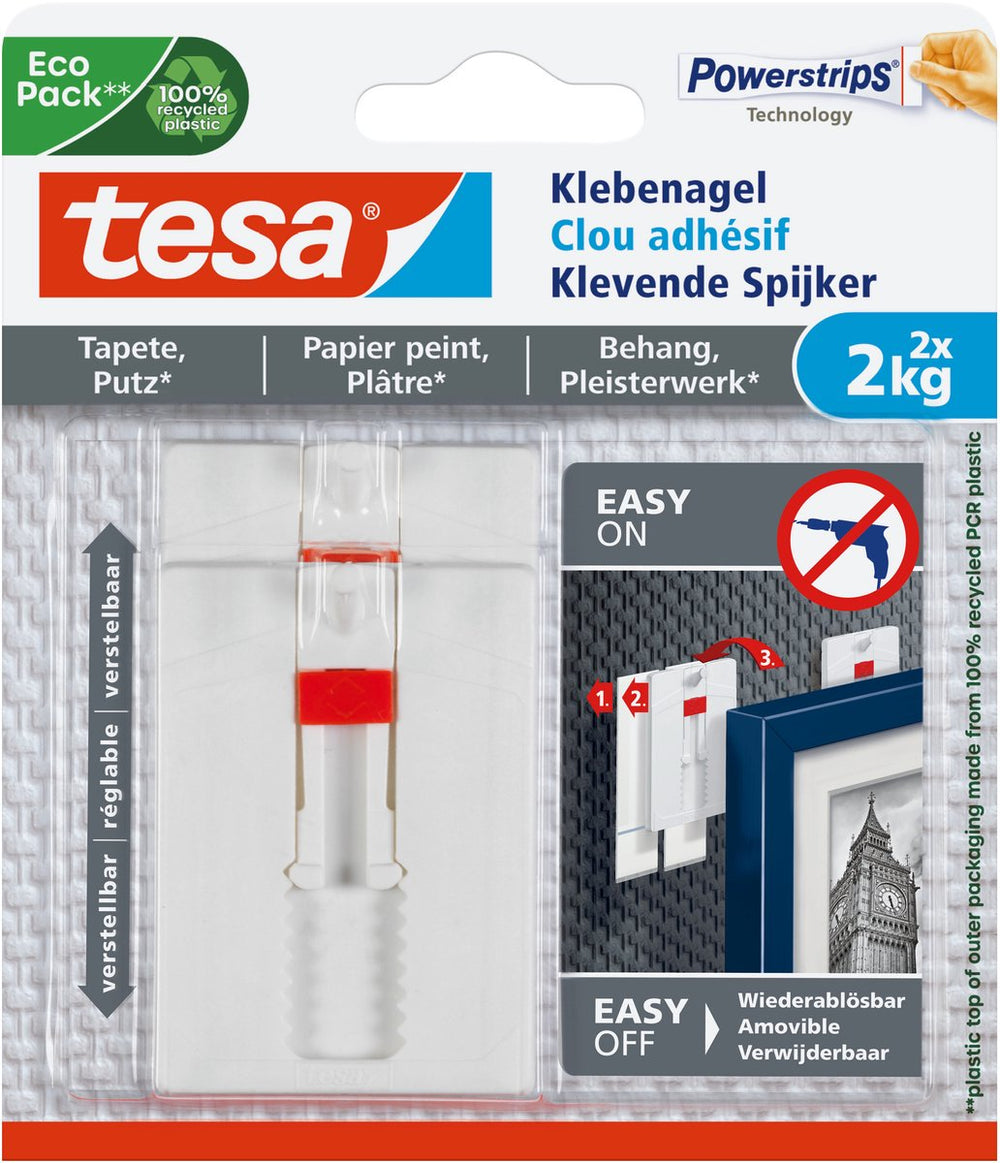 Tesa verstelbare nagel voor behang pleisterwerk 2 kg - 2 stuks - muurspijker - verwijderbaar