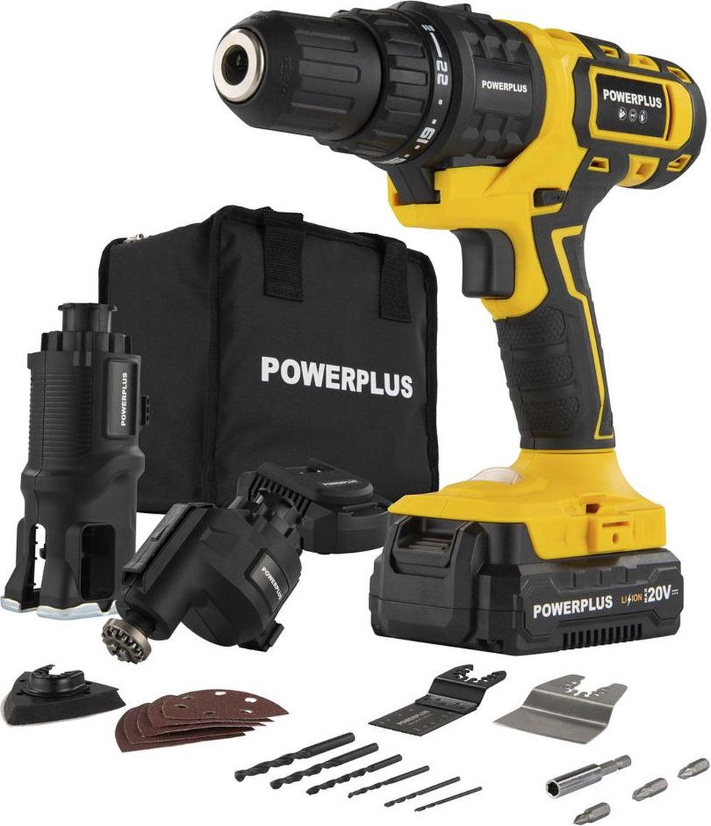 Powerplus 5-in-1 accu combi gereedschap powx00550- 20 v multitool - schroeven, boren, zagen, schuren en schrapen - klusgereedschap- met accu, lader en 25 acc.