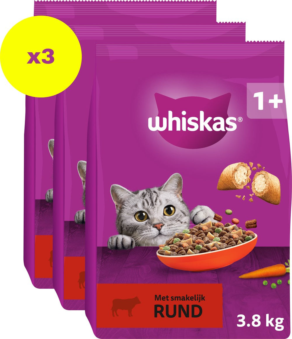 Whiskas kattenbrokken - adult 1+ rund - zak 3x3.8kg