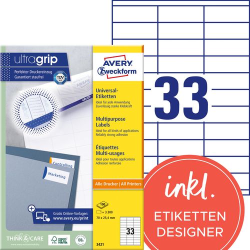 Etiketten universal 3421 avery zweckform 70x25,4mm