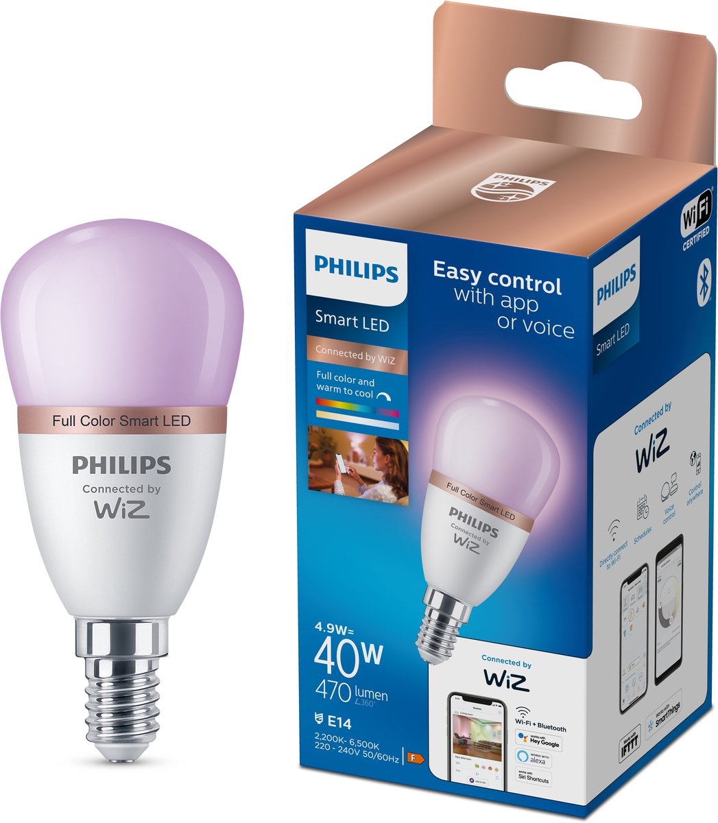 Philips smart lighting philips smart led kogellamp - slimme led-verlichting - gekleurd en wit licht - e14 - 40w - mat - wi-fi