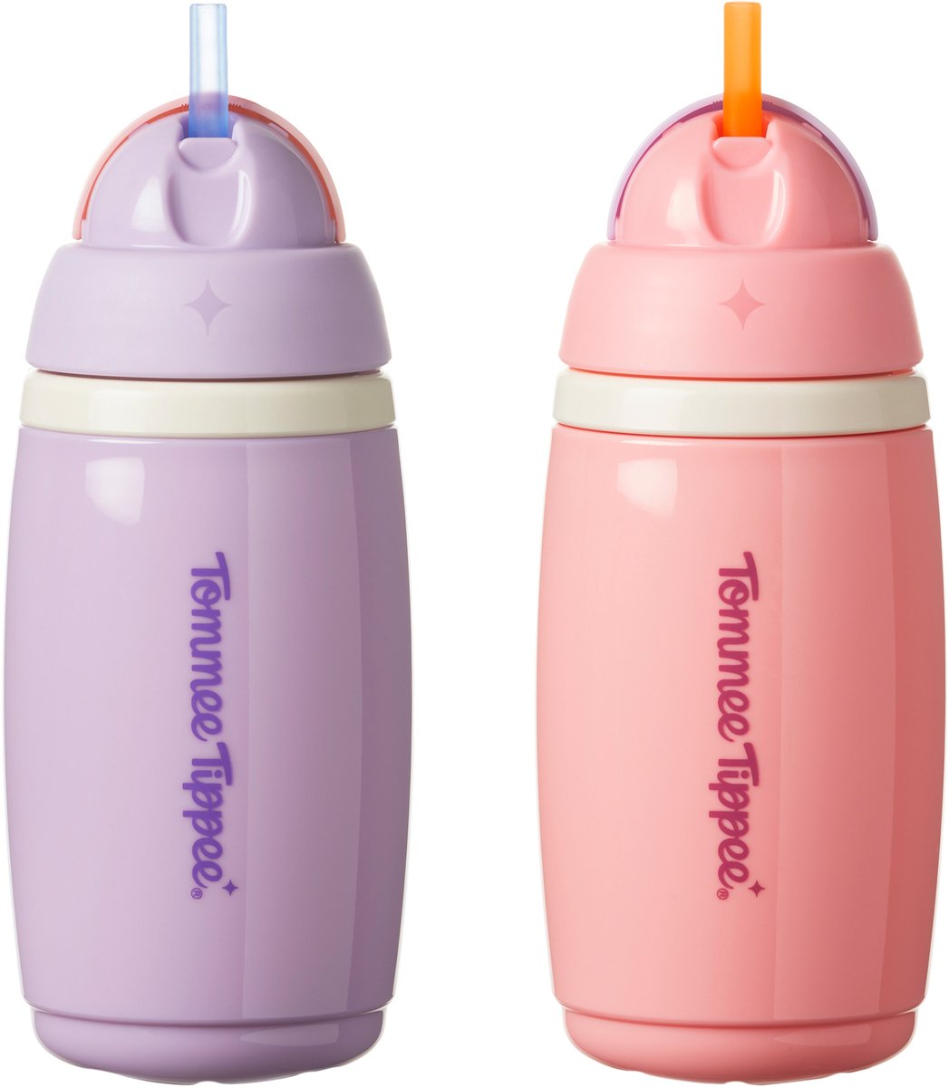 Tommee tippee geïsoleerde active rietjesbeker – 2 stuks – 266 ml –lekvrije waterfles voor peuters 12m+ - roze en paars