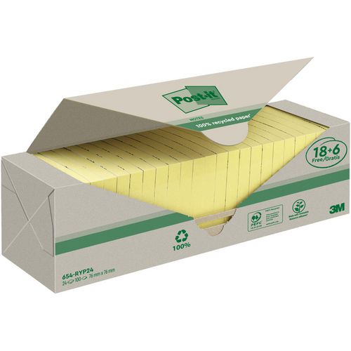 Zelfklevende memoblaadjes post-it 654-ryp24 pk24 100 vellen geel