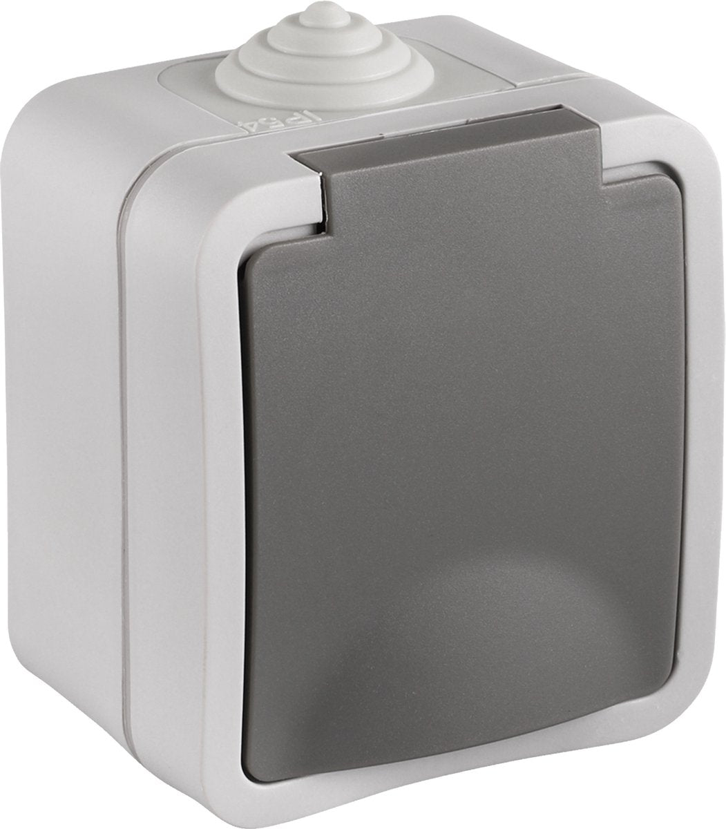 Q-link enkelvoudig buitenstopcontact â€“ opbouw stopcontact â€“ ip54 spatwaterdicht â€“ wandcontactdoos â€“ grijs