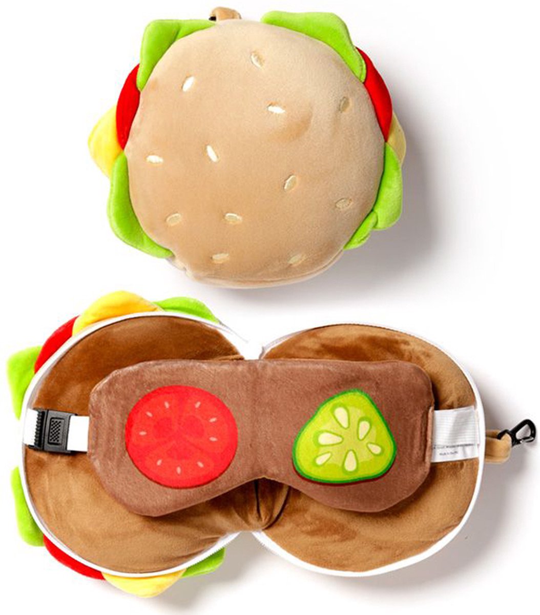 Relaxeazzz reiskussen slaapmasker - hamburger rond pluche - 17x28x6cm 15x17x9cm