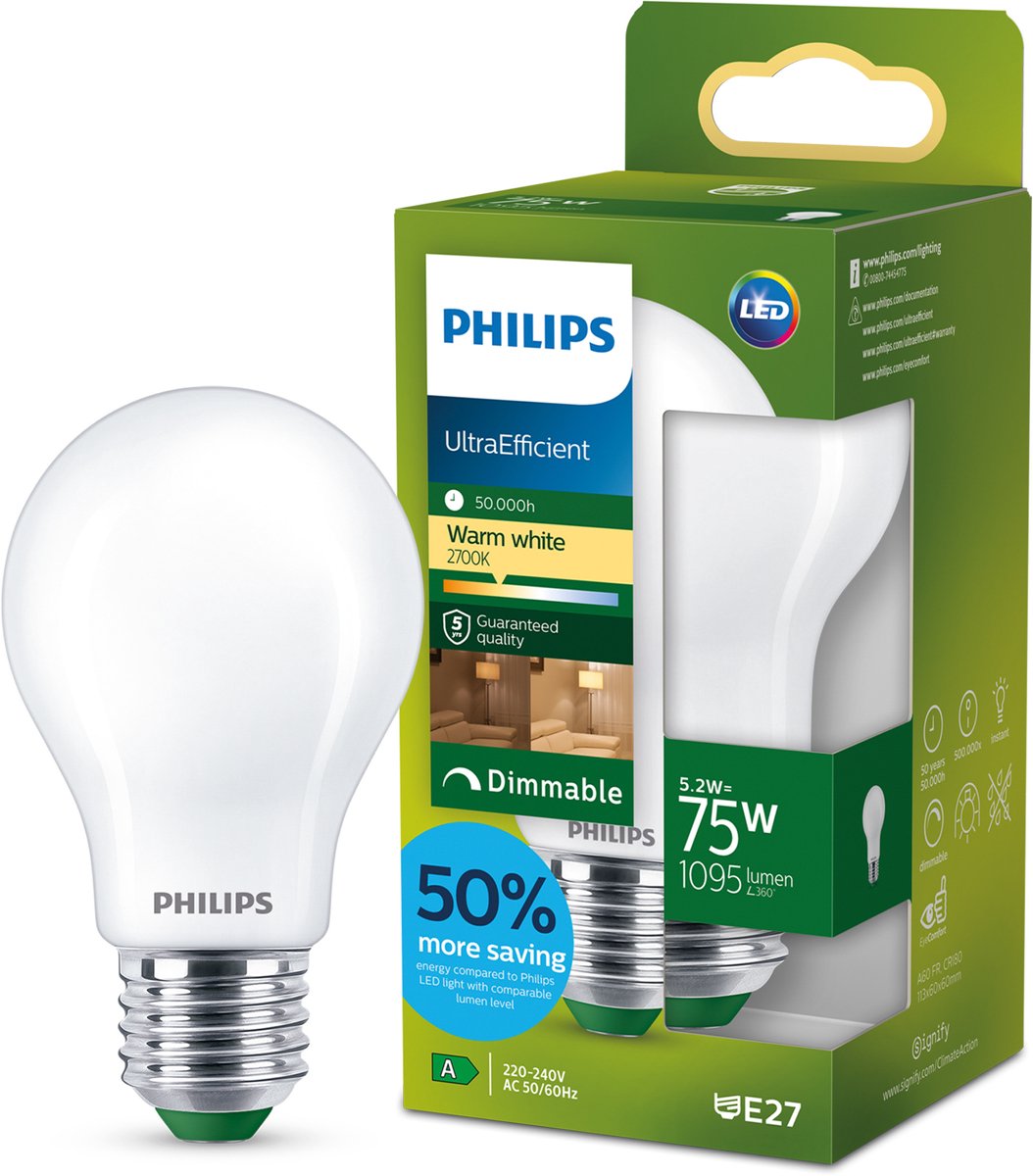 Philips led philips ultraefficient led lamp - 60w - e14 fitting - warmwit licht: 2700k - helder glas - p45 kogellamp - lange levensduur