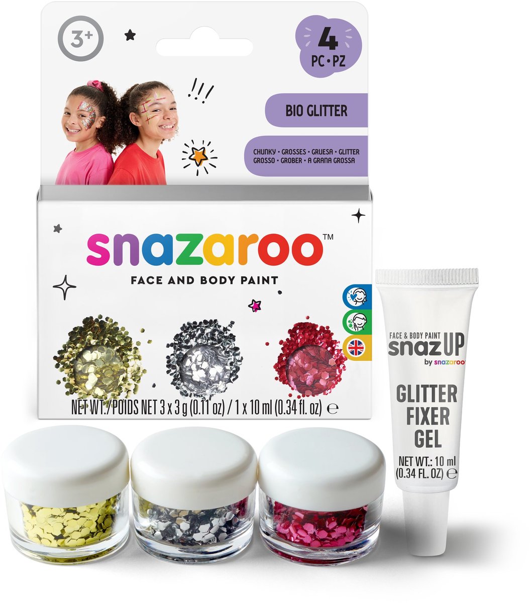 Snazaroo 1172244 bio glitter set chunky – glitter voor gezicht, lichaam haar – 3 kleuren + fixeergel – festival glitter, huidvriendelijk afwasbaar