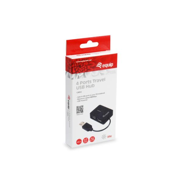 Equip 128952, 4-poorts reis-USB-hub, USB 2.0, 480 Mbit/s, kunststof, zwart
