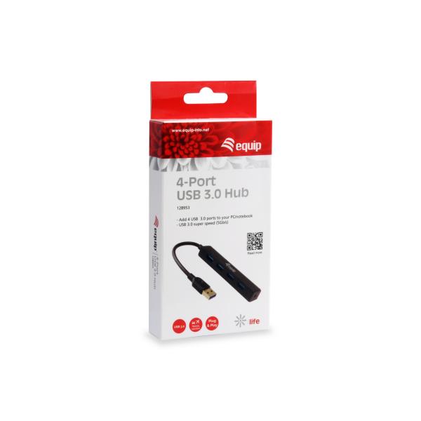 Equip 128953, 4-poorts USB-hub, USB 3.2 gen 1 type-a, 5000 Mbit s, zwart
